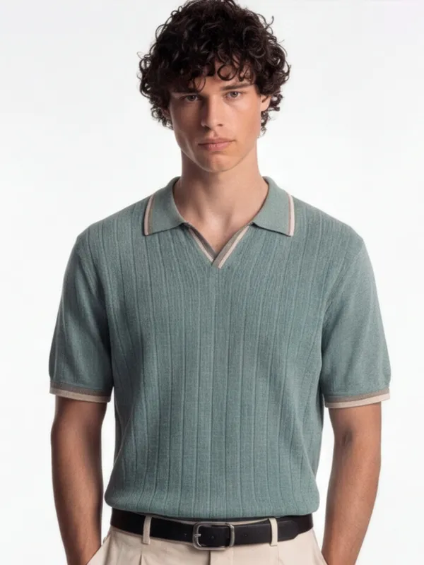 Highlander Men Green Self Design Polo Collar T-Shirt