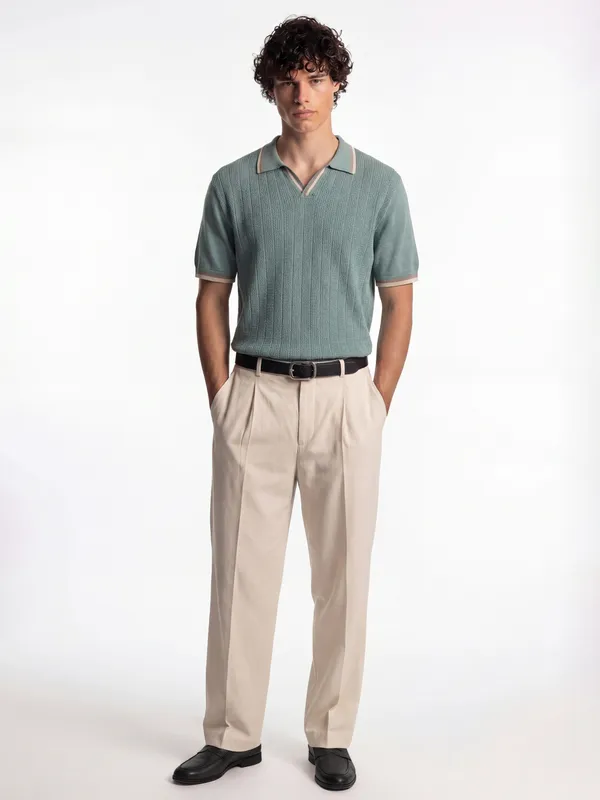 Highlander Men Green Self Design Polo Collar T-Shirt