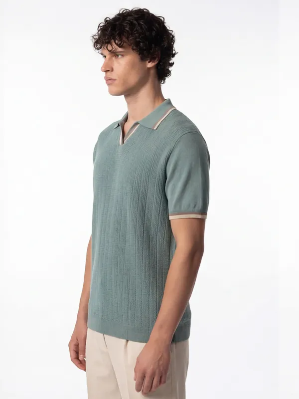 Highlander Men Green Self Design Polo Collar T-Shirt