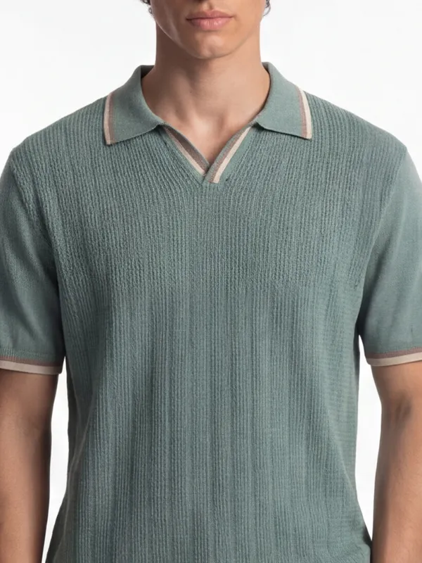 Highlander Men Green Self Design Polo Collar T-Shirt