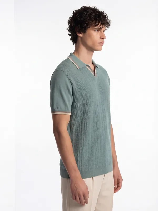 Highlander Men Green Self Design Polo Collar T-Shirt