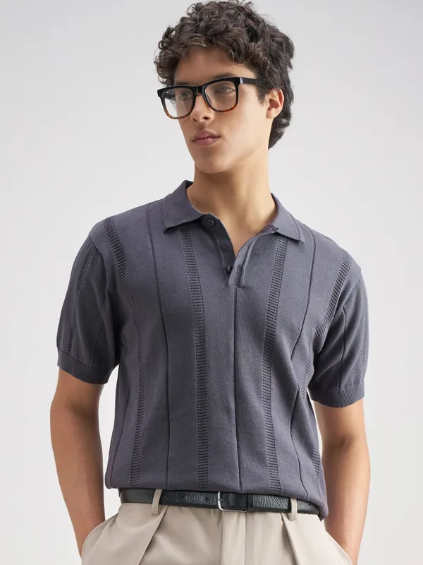 Highlander Men Blue Self Design Polo Collar T-Shirt