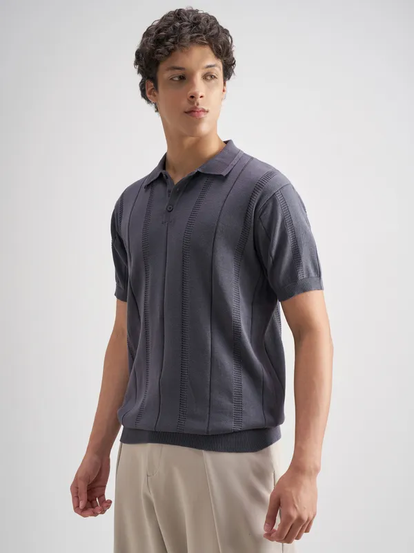 Highlander Men Blue Self Design Polo Collar T-Shirt