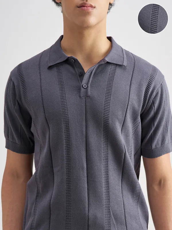 Highlander Men Blue Self Design Polo Collar T-Shirt