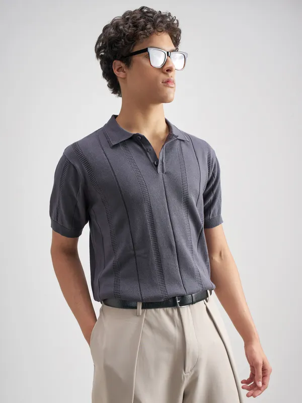 Highlander Men Blue Self Design Polo Collar T-Shirt