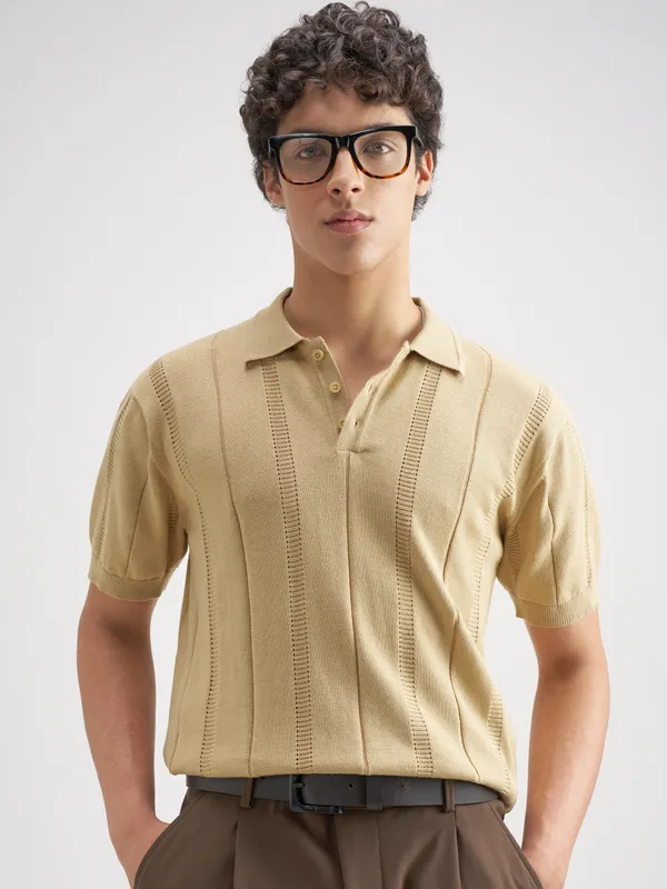 Highlander Men Beige Self Design Polo Collar T-Shirt