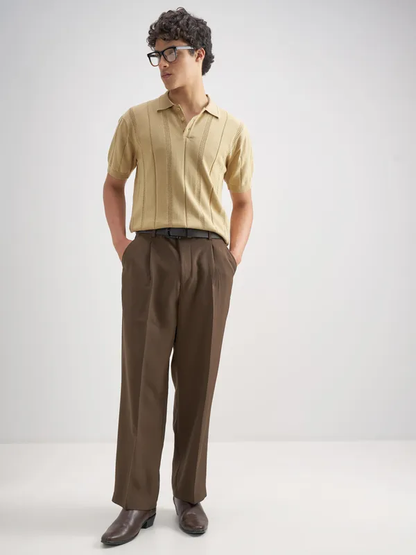 Highlander Men Beige Self Design Polo Collar T-Shirt