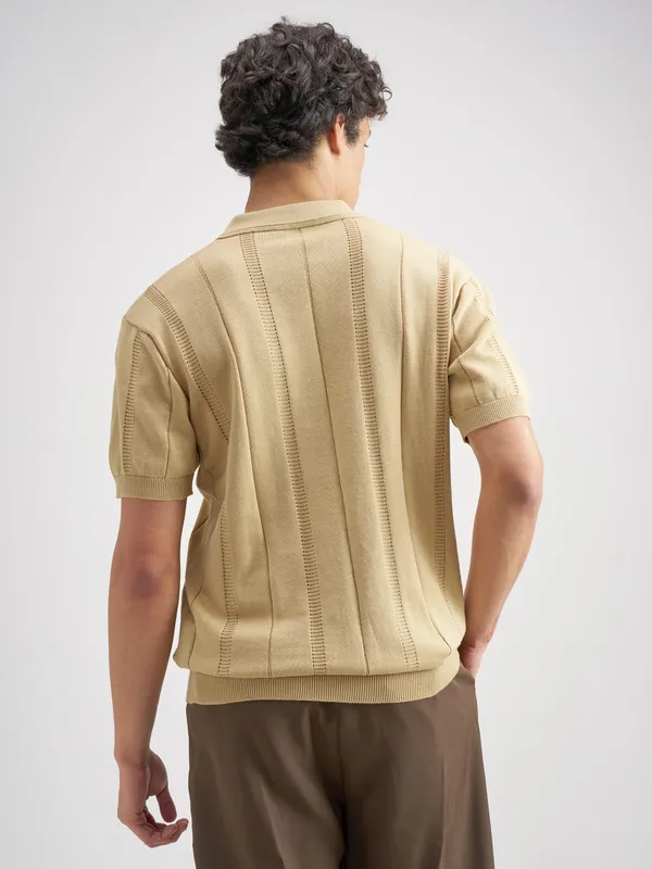 Highlander Men Beige Self Design Polo Collar T-Shirt
