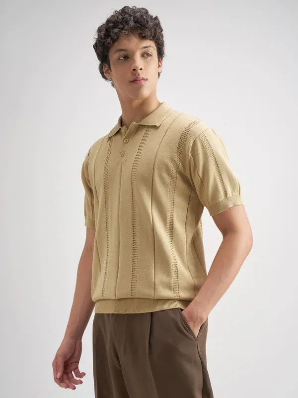 Highlander Men Beige Self Design Polo Collar T-Shirt