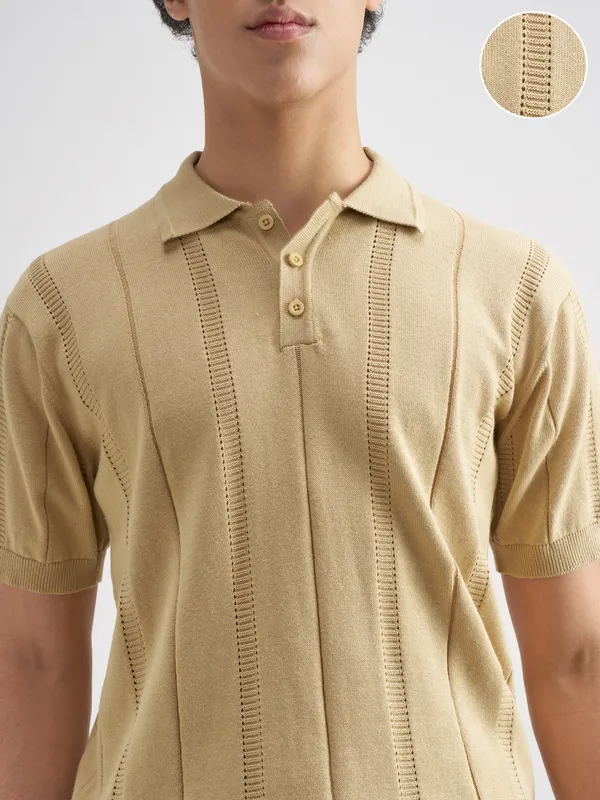 Highlander Men Beige Self Design Polo Collar T-Shirt