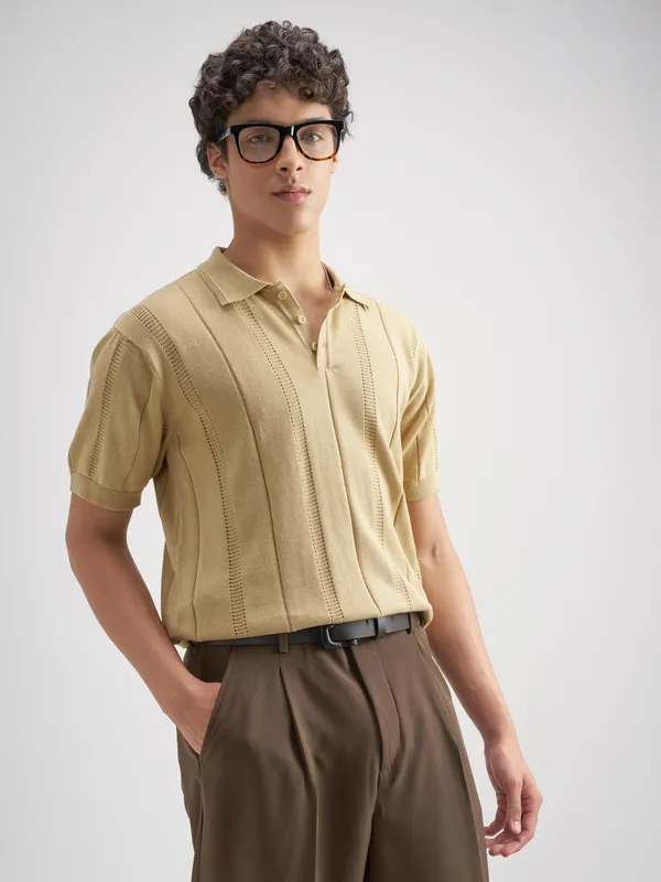 Highlander Men Beige Self Design Polo Collar T-Shirt