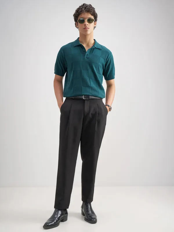 Highlander Men Teal Self Design Polo Collar T-Shirt