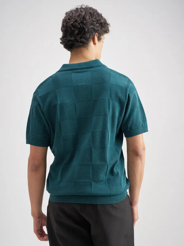 Highlander Men Teal Self Design Polo Collar T-Shirt