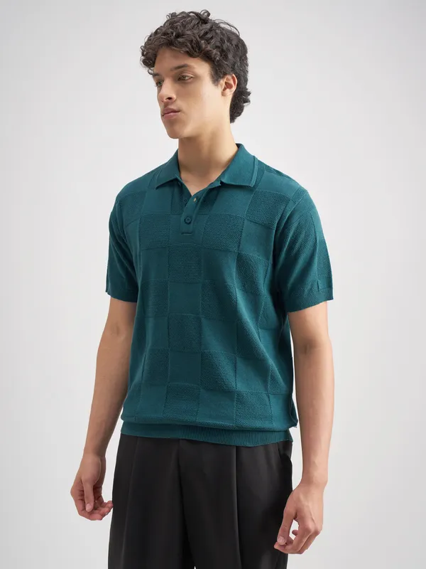 Highlander Men Teal Self Design Polo Collar T-Shirt