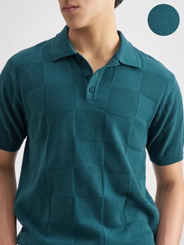 Highlander Men Teal Self Design Polo Collar T-Shirt