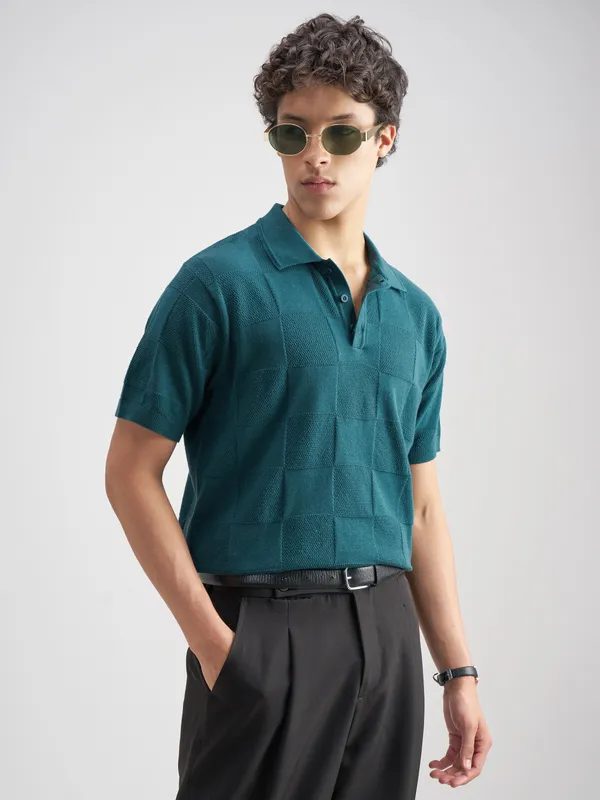 Highlander Men Teal Self Design Polo Collar T-Shirt