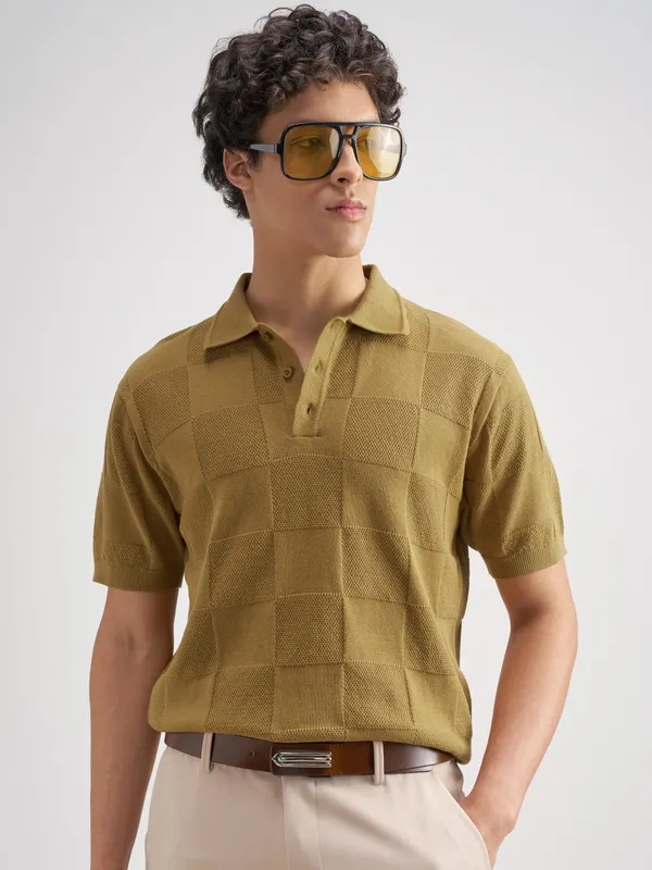 Highlander Men Khaki Self Design Polo Collar T-Shirt