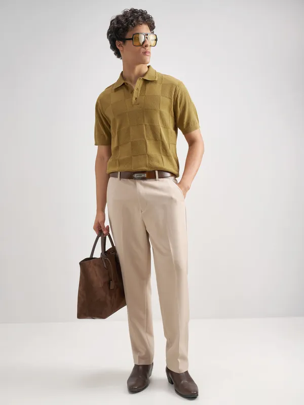 Highlander Men Khaki Self Design Polo Collar T-Shirt