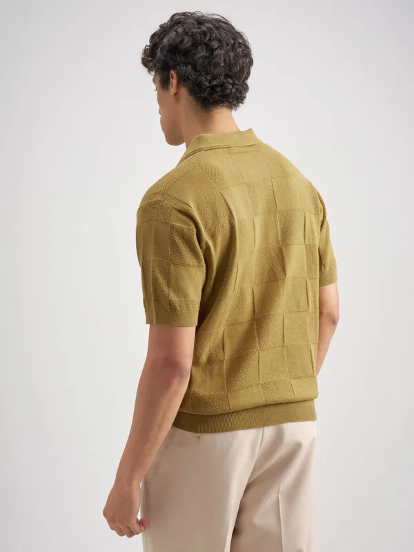 Highlander Men Khaki Self Design Polo Collar T-Shirt