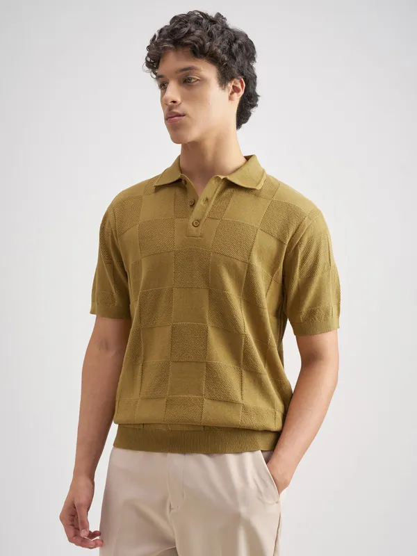 Highlander Men Khaki Self Design Polo Collar T-Shirt
