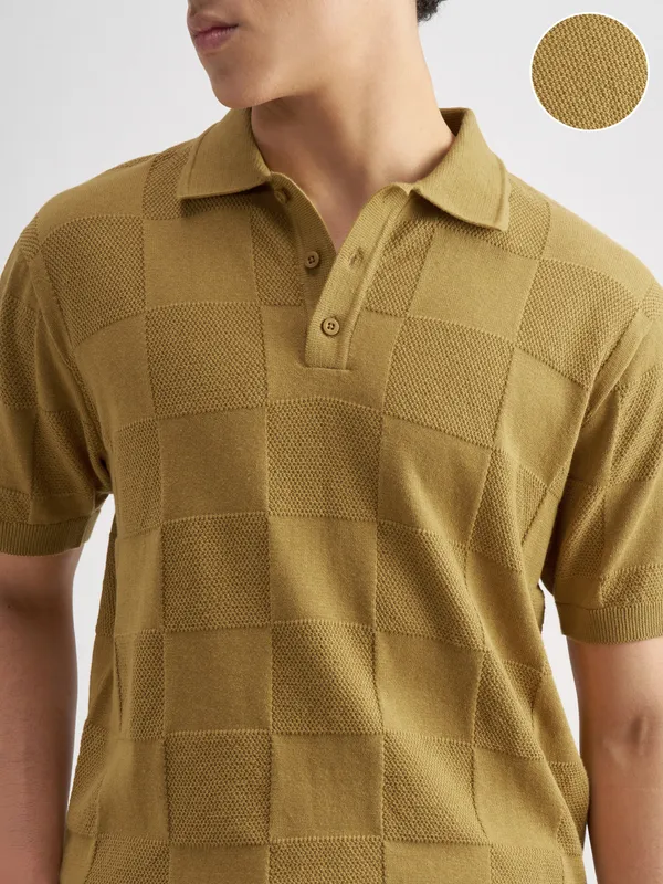 Highlander Men Khaki Self Design Polo Collar T-Shirt
