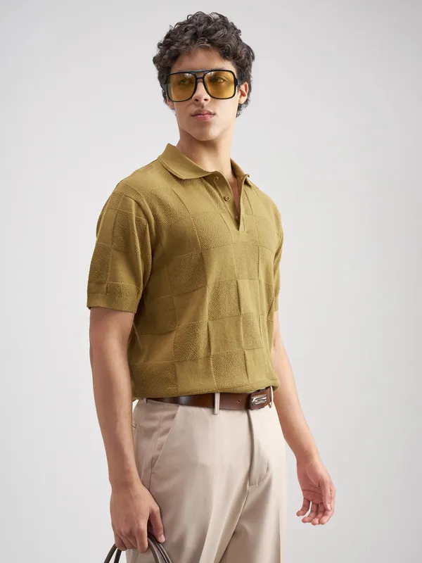 Highlander Men Khaki Self Design Polo Collar T-Shirt