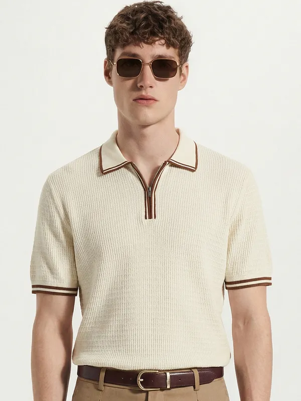 Highlander Men Cream Self Design Polo Collar T-Shirt