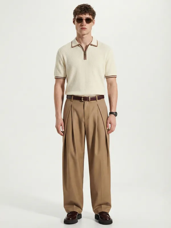 Highlander Men Cream Self Design Polo Collar T-Shirt