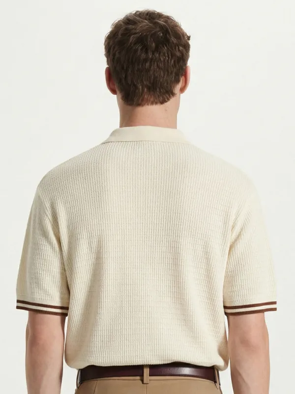 Highlander Men Cream Self Design Polo Collar T-Shirt