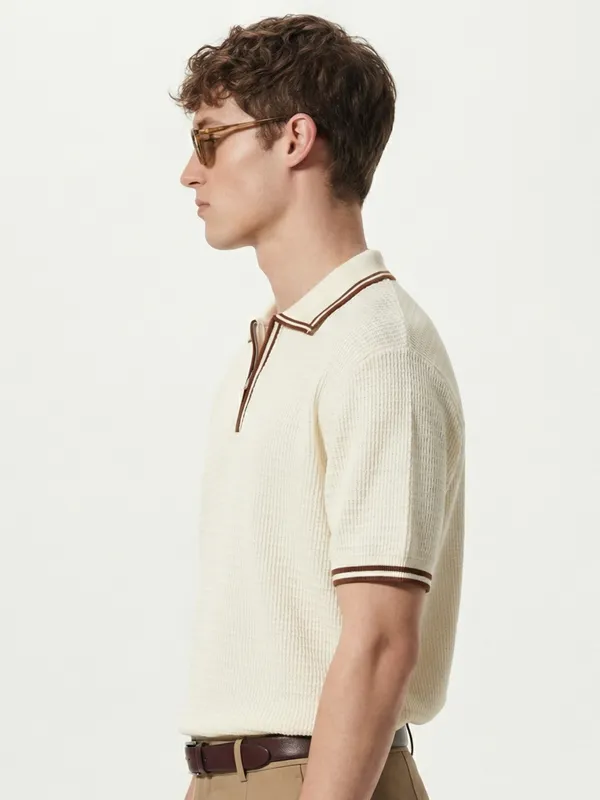 Highlander Men Cream Self Design Polo Collar T-Shirt