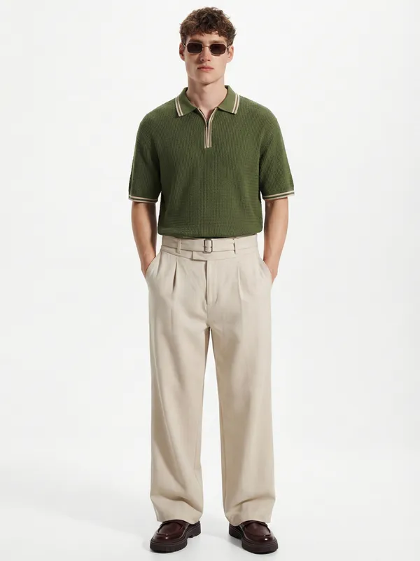 Highlander Men Olive Self Design Polo Collar T-Shirt