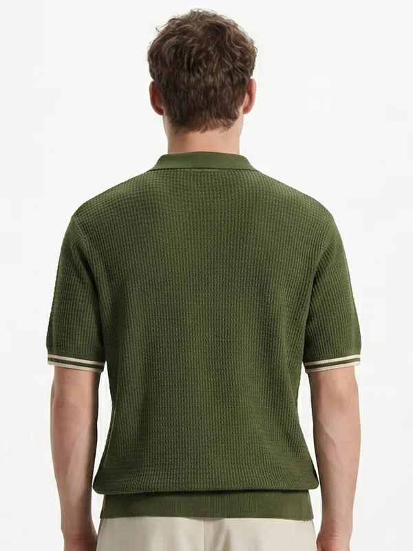 Highlander Men Olive Self Design Polo Collar T-Shirt