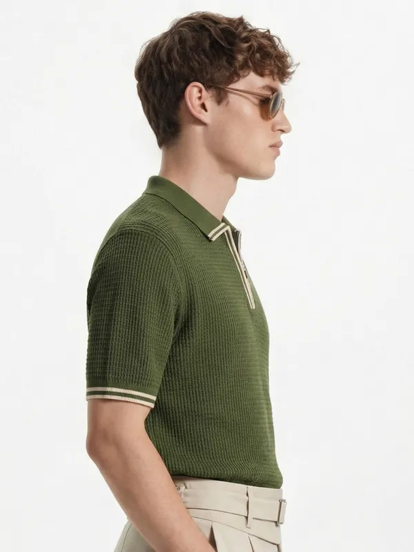 Highlander Men Olive Self Design Polo Collar T-Shirt