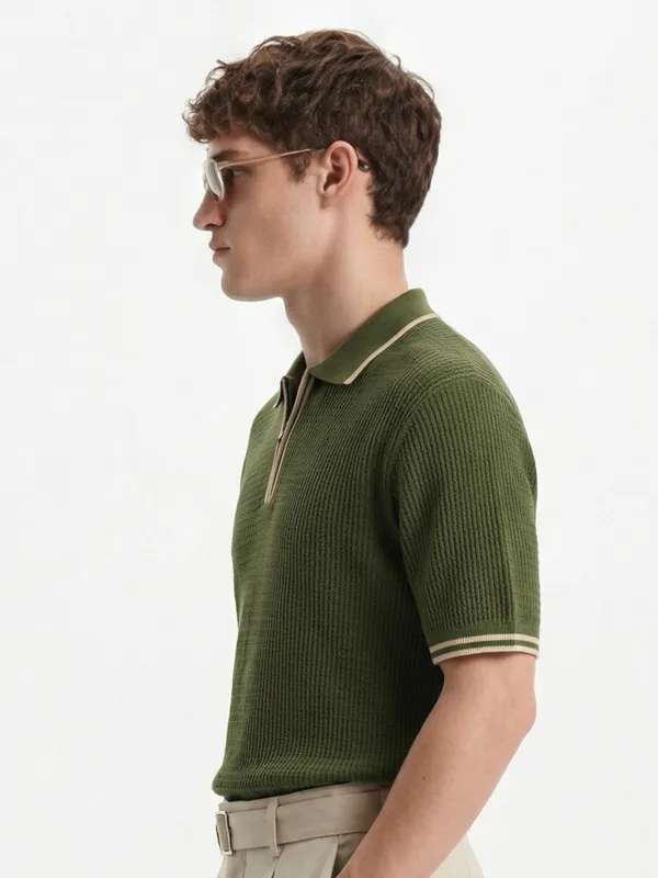 Highlander Men Olive Self Design Polo Collar T-Shirt