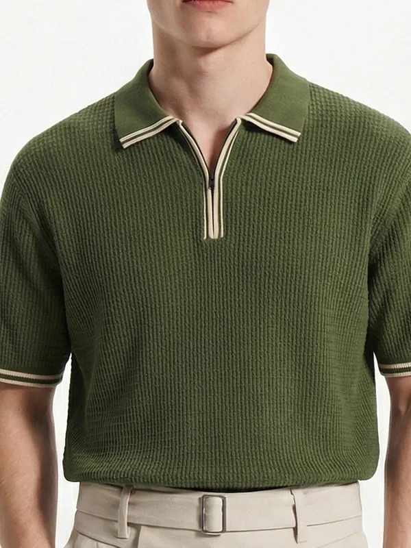 Highlander Men Olive Self Design Polo Collar T-Shirt