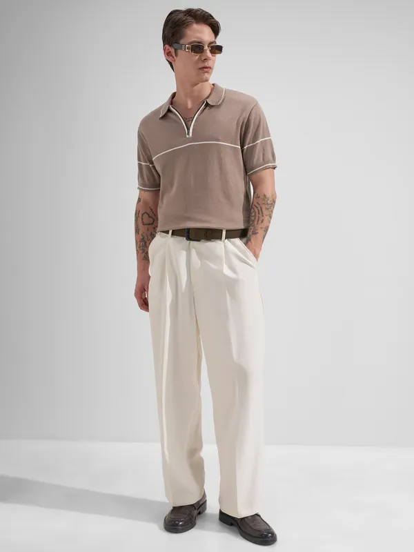 Highlander Men Taupe Solid Polo Collar T-Shirt