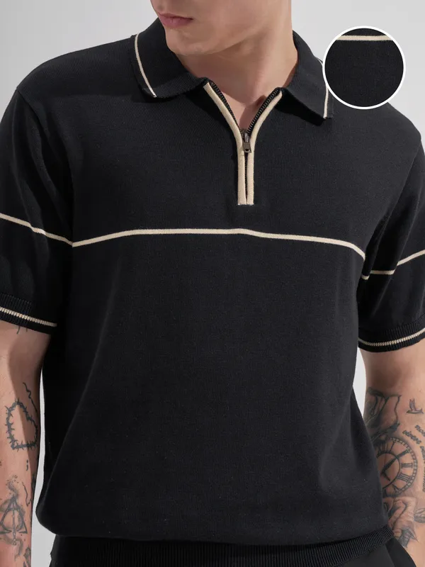 Highlander Men Black Solid Polo Collar T-Shirt