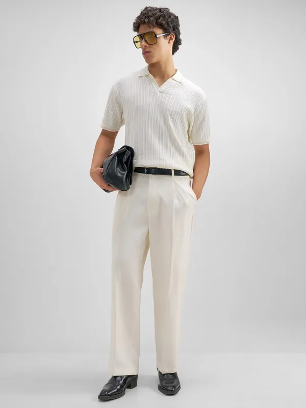 Highlander Men Off White Self Design Polo Collar T-Shirt