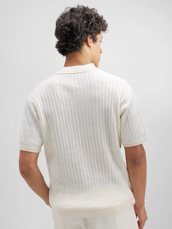 Highlander Men Off White Self Design Polo Collar T-Shirt