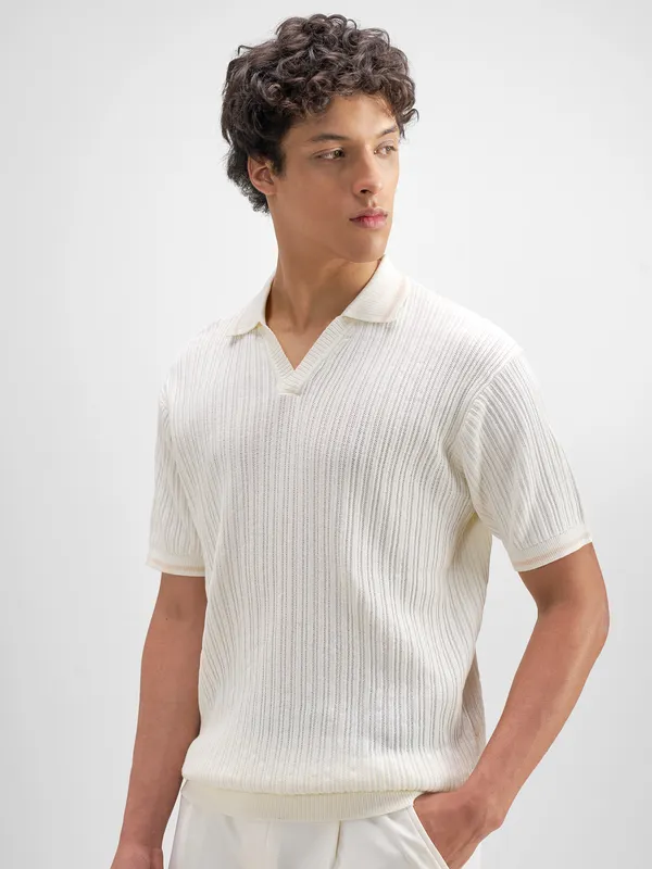 Highlander Men Off White Self Design Polo Collar T-Shirt