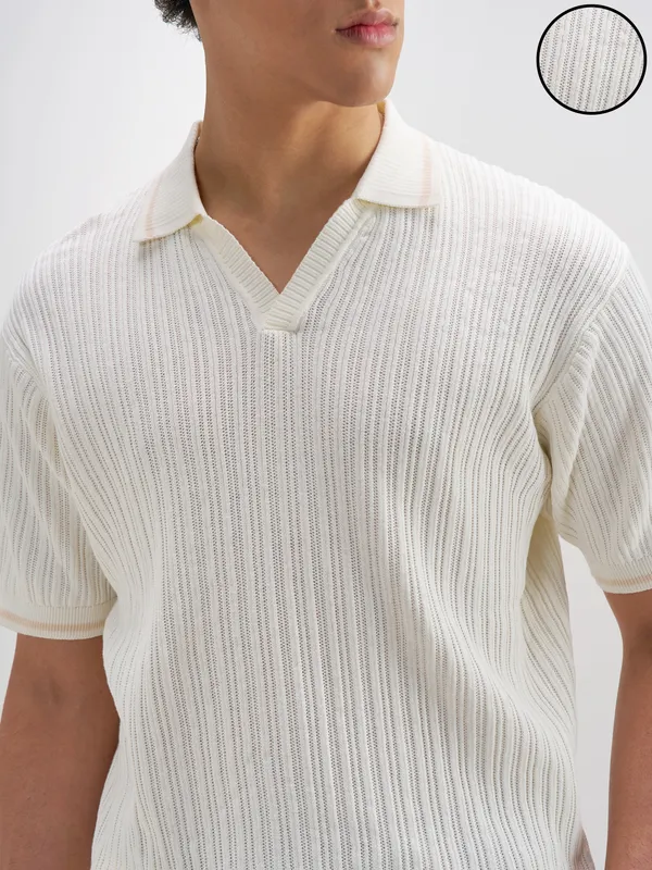 Highlander Men Off White Self Design Polo Collar T-Shirt