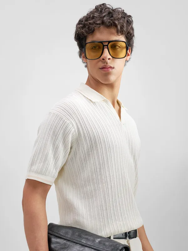 Highlander Men Off White Self Design Polo Collar T-Shirt