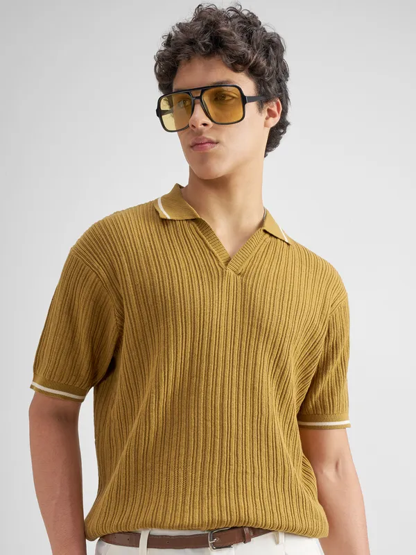 Highlander Men Mustard Self Design Polo Collar T-Shirt
