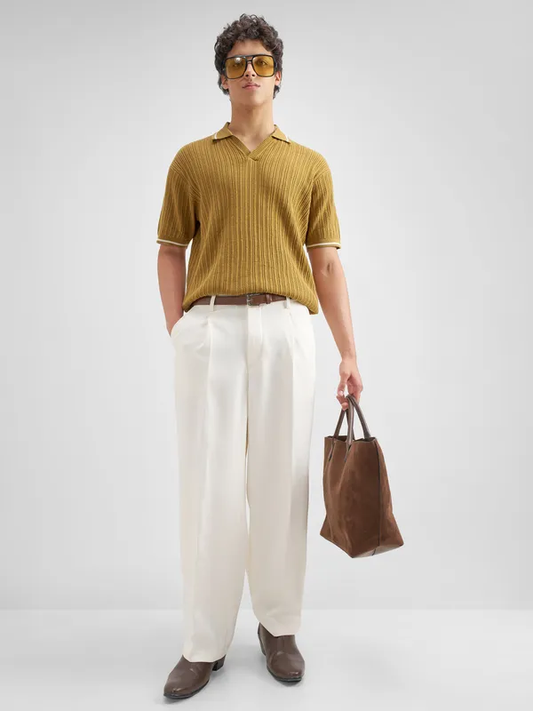 Highlander Men Mustard Self Design Polo Collar T-Shirt