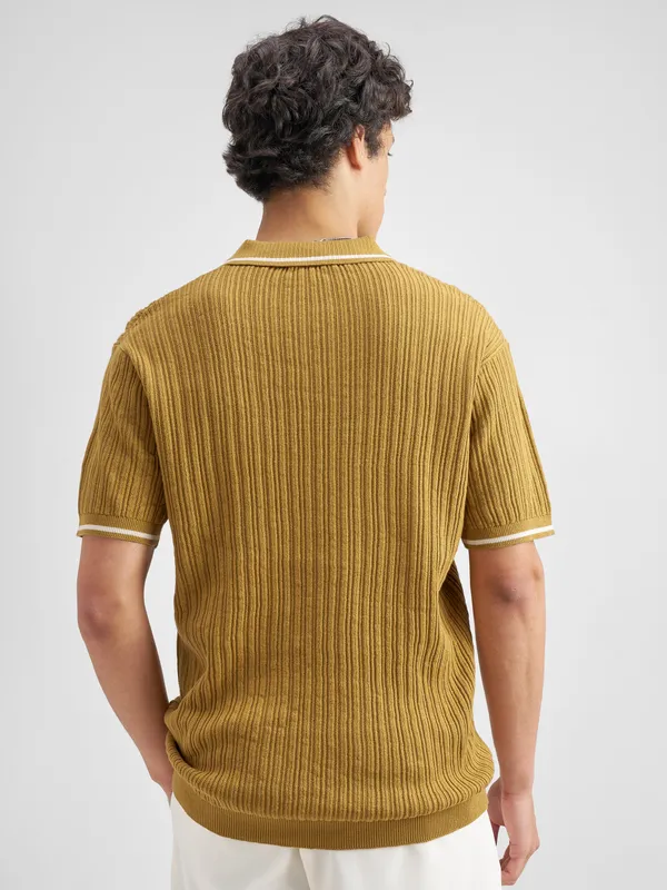 Highlander Men Mustard Self Design Polo Collar T-Shirt