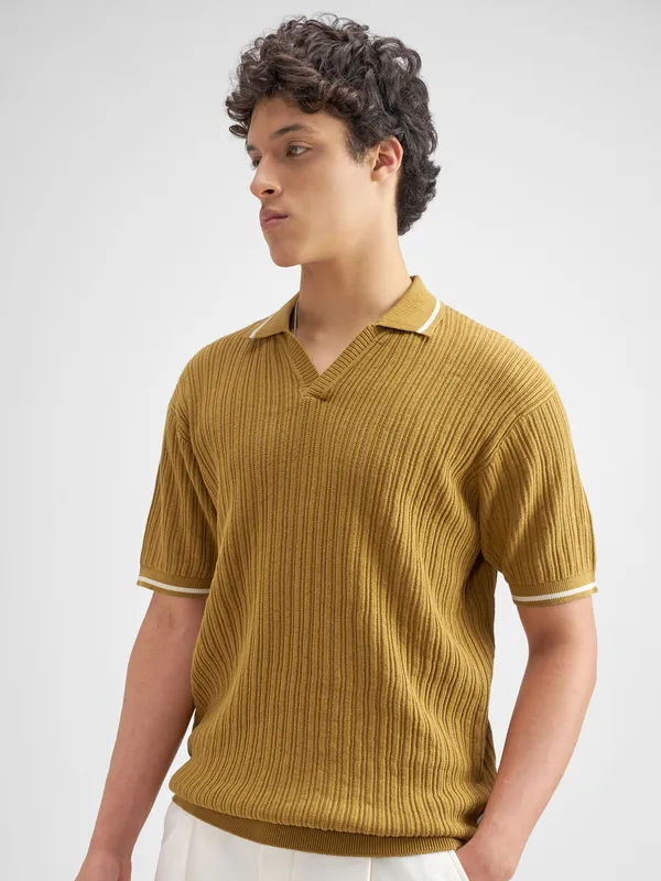Highlander Men Mustard Self Design Polo Collar T-Shirt