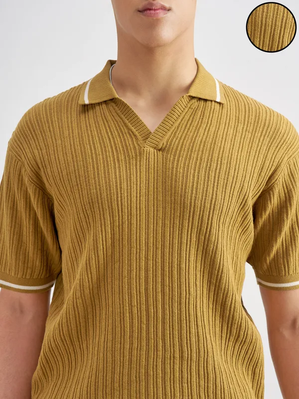 Highlander Men Mustard Self Design Polo Collar T-Shirt