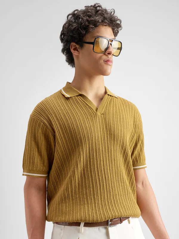 Highlander Men Mustard Self Design Polo Collar T-Shirt