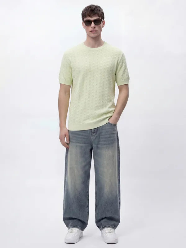 Highlander Men Green Self Design Round Neck Oversized Fit T-Shirt