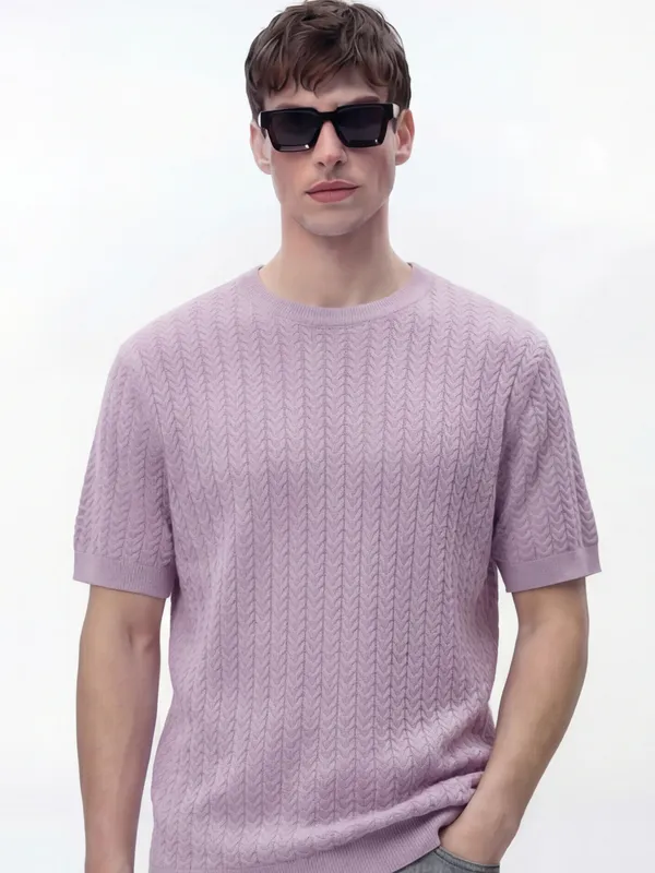 Highlander Men Lavender Self Design Round Neck T-Shirt